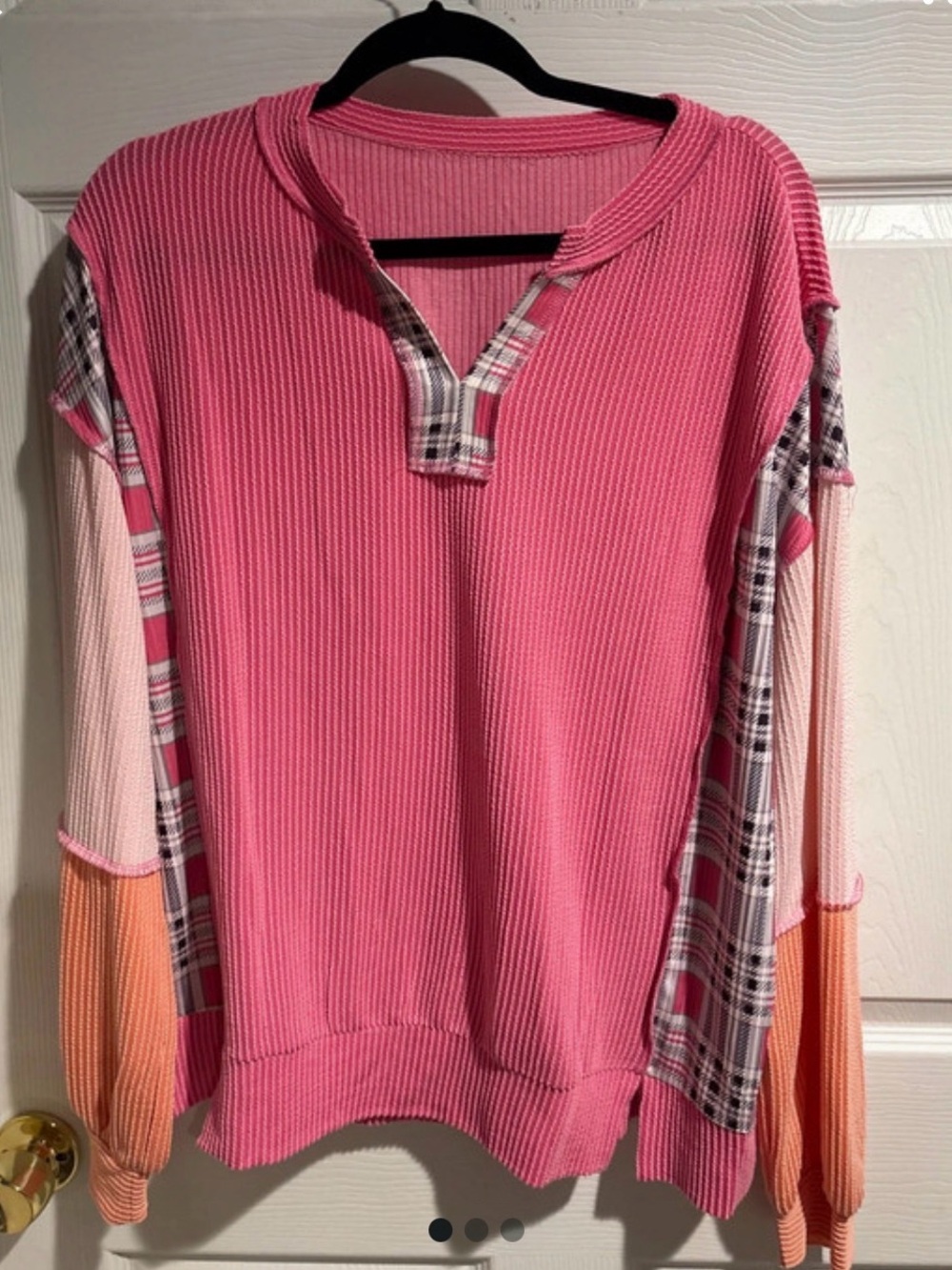 Pink Mixed-Media Waffle Knit Pullover with Plaid Accents